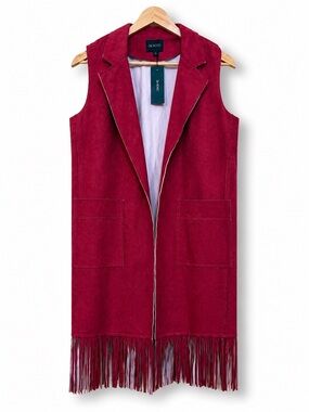 De Novo | NWT Faux Suede Open-Front Drape-Collar Long Line Fringe Duster Vest L